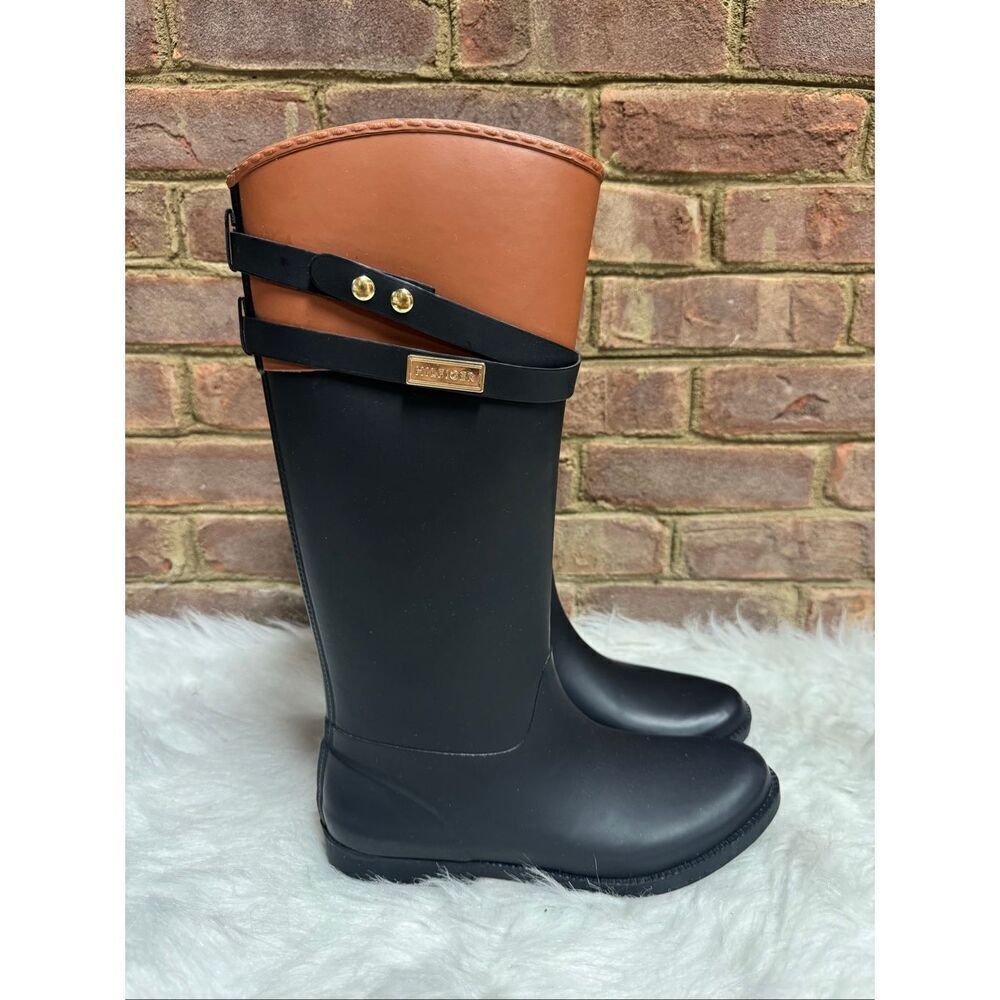 Tommy Hilfiger Women’s Black/Tan Coree Rubber Tall Rain Boot Size 9